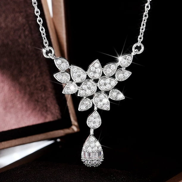 Women Fashion Luxury Silver Plated Alloy Rhinestone Waterdrop Pendant Necklace